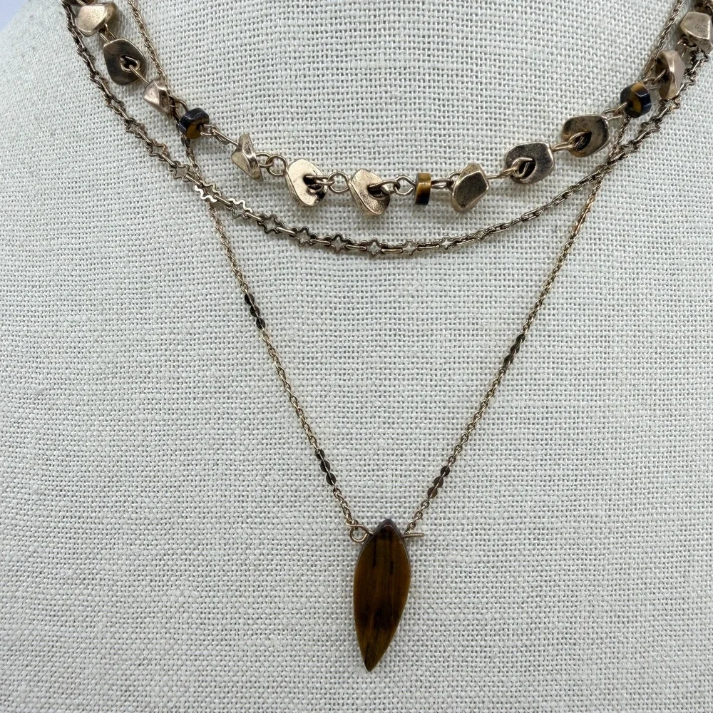 Gold Tone Brown Marquise Pendant Multi Strand Necklace Boho Statement Jewelry